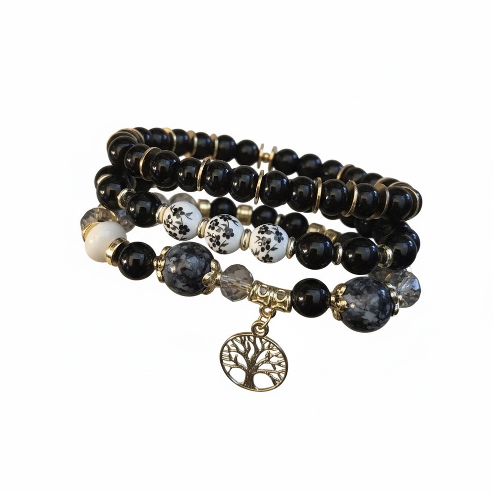 Black and White Beaded Bracelet Set